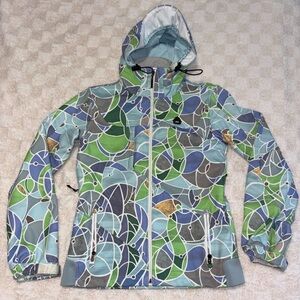 Women’s Empyre Hooded Snowboard Ski Jacket in Green Blue + Gray Design • Medium